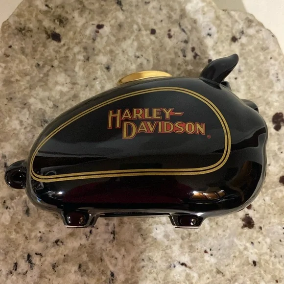 Vintage 2002 Harley Davidson High Shine Black Gold Road Hog Ceramic Piggy Bank - Picture 13 of 14
